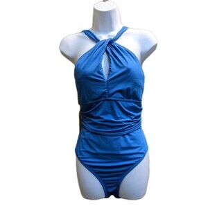 Bleu Rod Beattie Women's Blue One Piece Swimsuit  Sz 12 Halter Slimming Beach